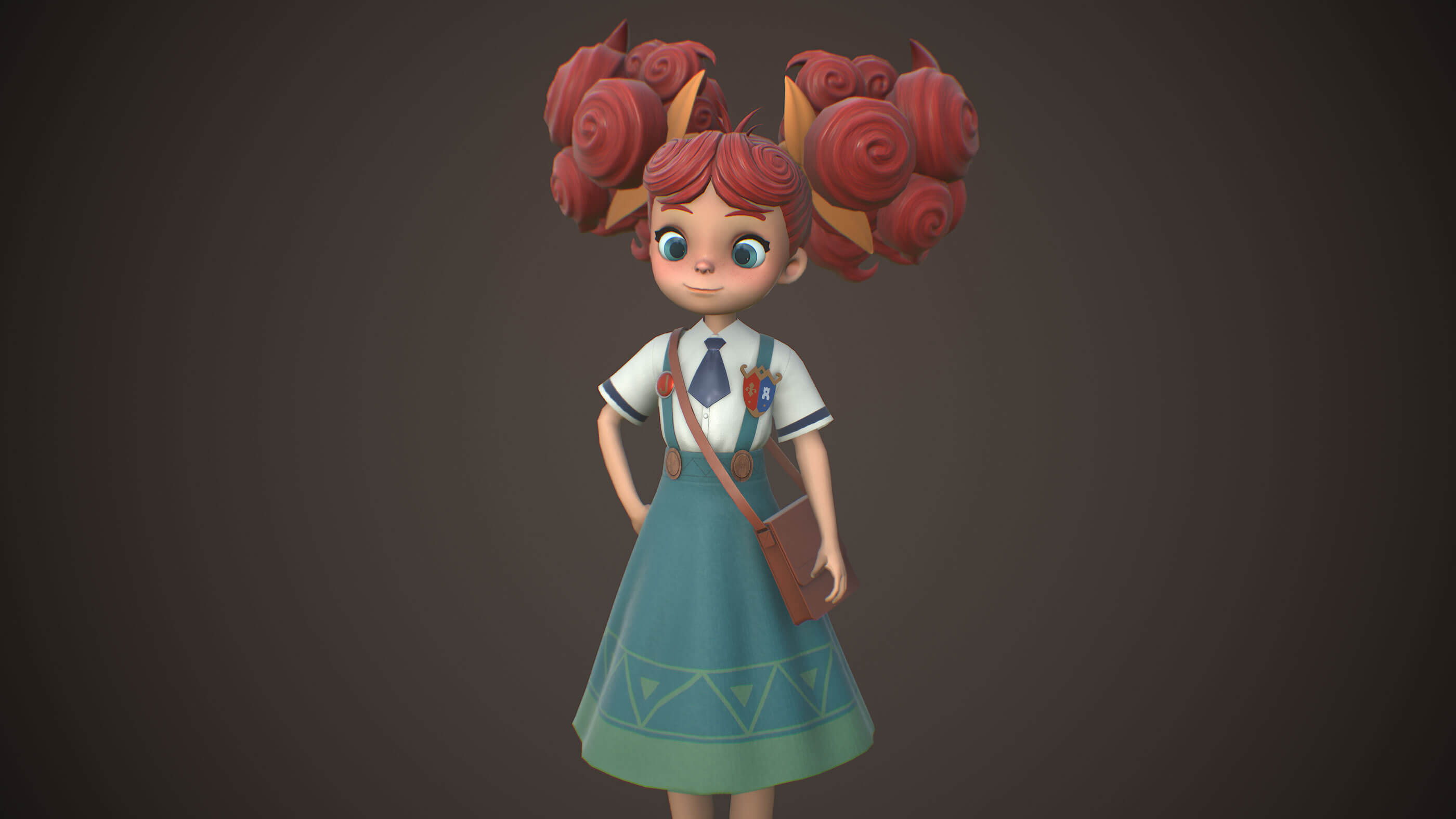 A young school girl with eccentric red hair wears a school uniform and a purse