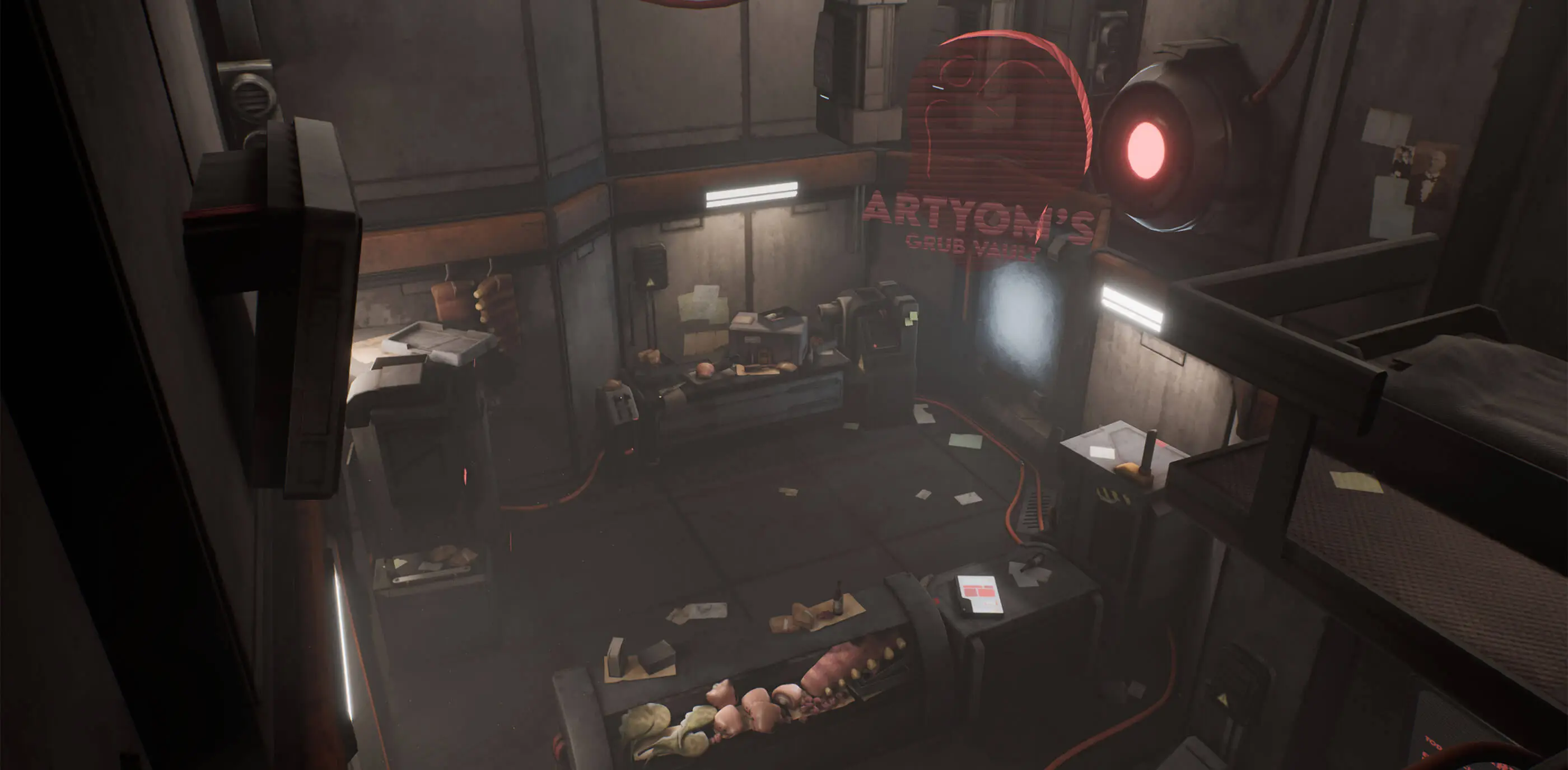 Panned out ceiling view of Artyom's butchery floor and display cases