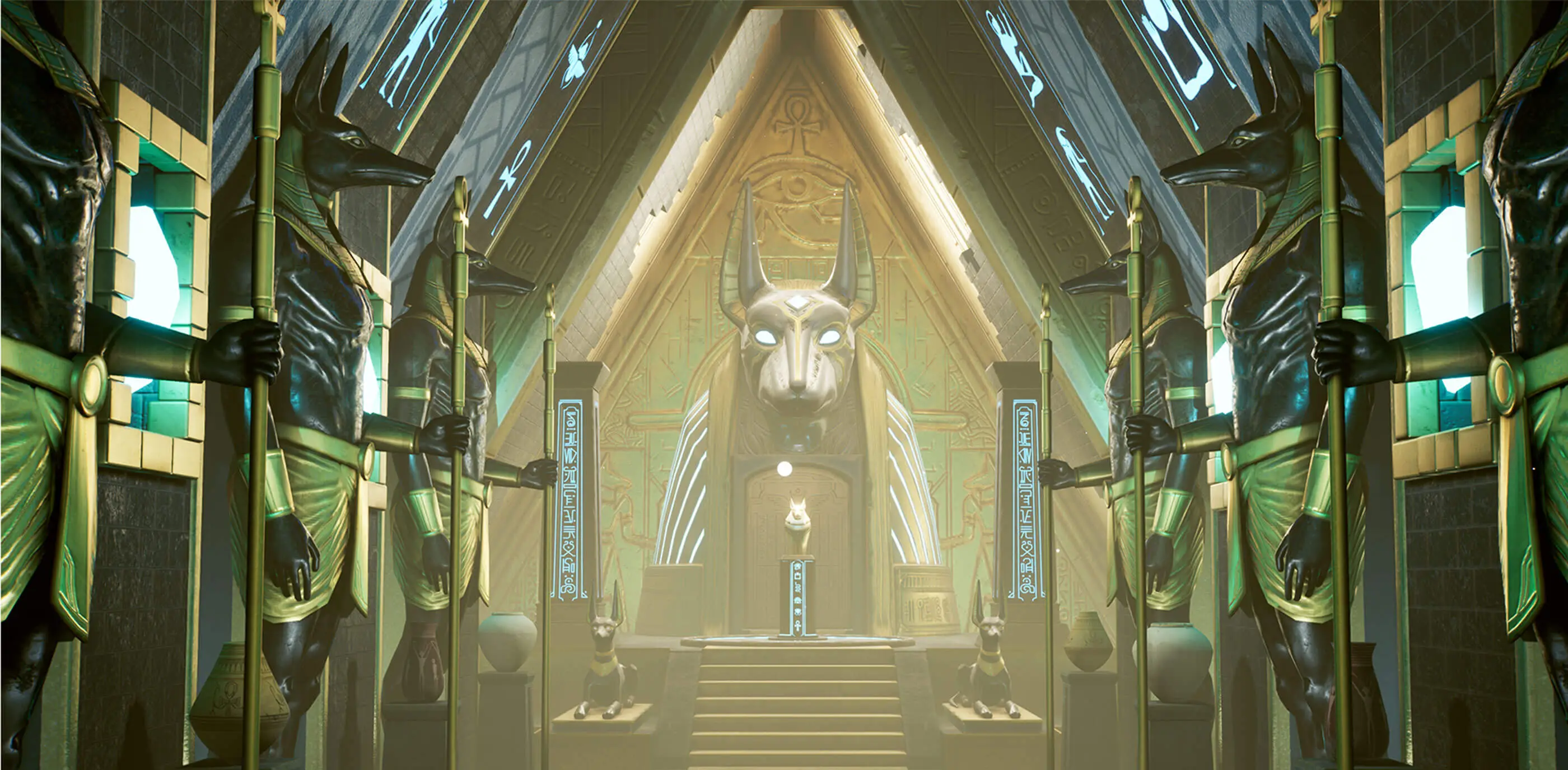 An ornate chamber adorned with Anubis statues and jackal imagery.