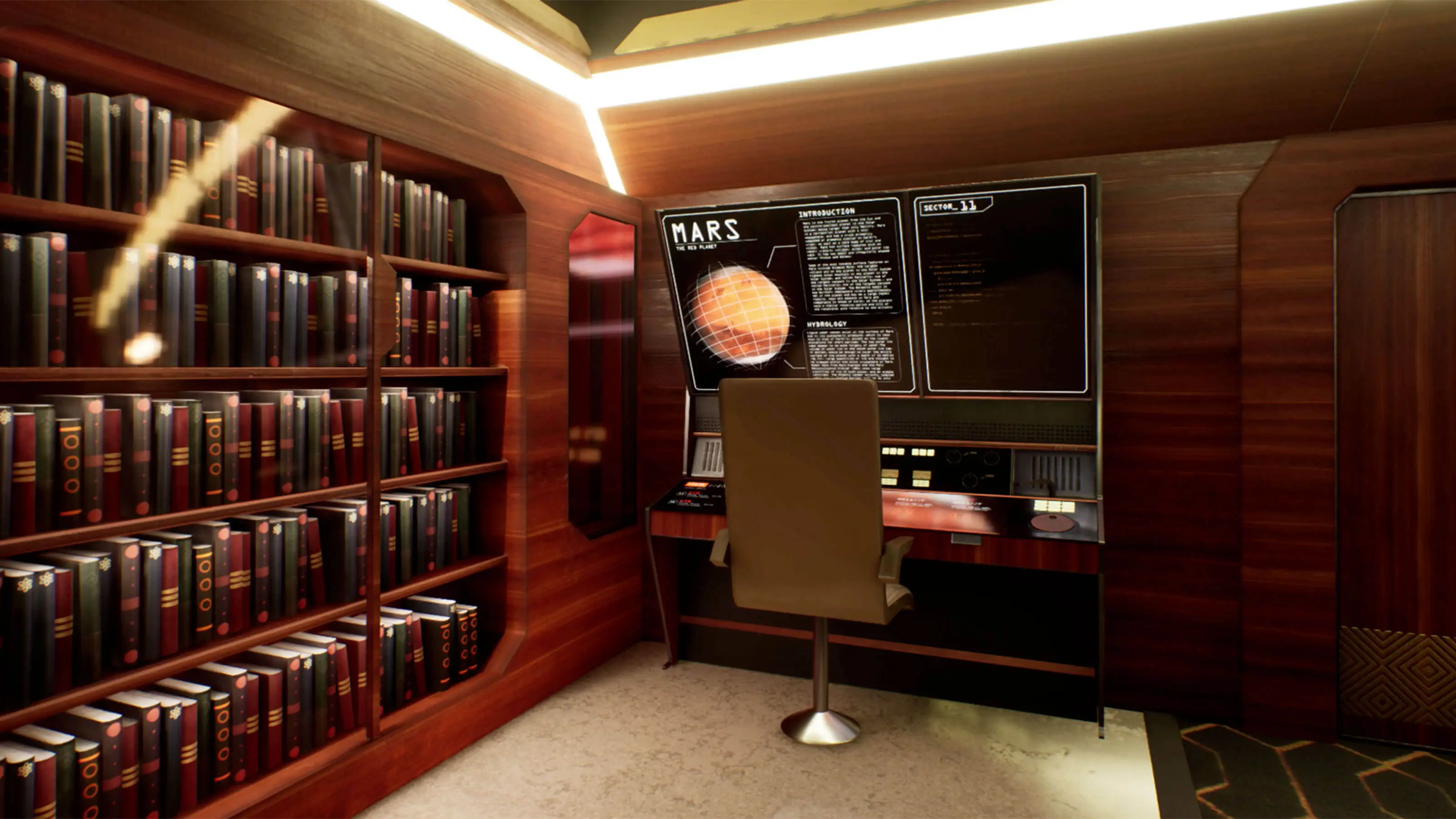 A large screen at a futuristic desk displays the words 'Mars' aboard a futuristic ship