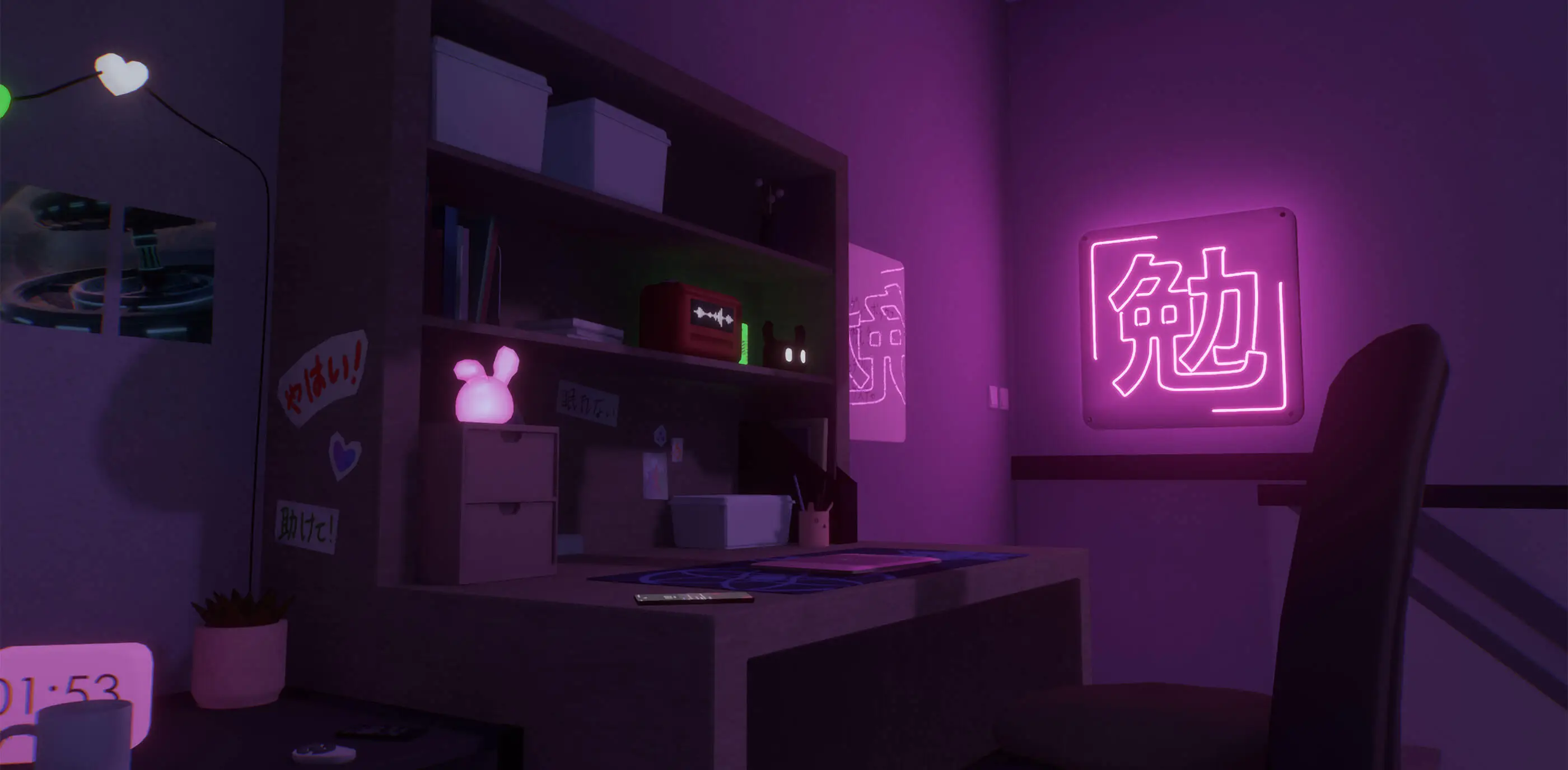 3D scene with a desk illuminated by a neon sign in the shape of a Japanese kanji.