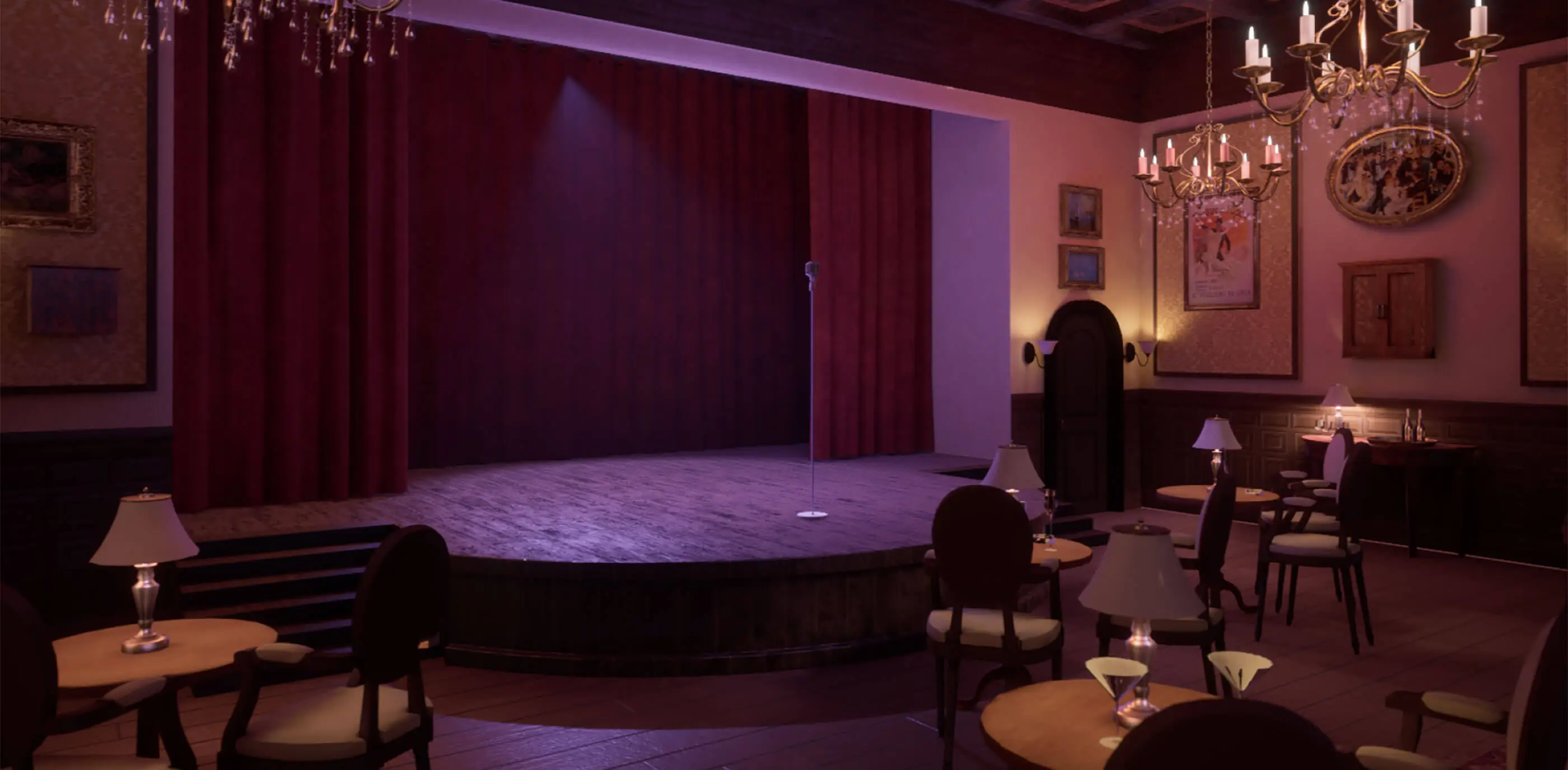 A dimly lit empty cabaret stage with empty tables surrounding it