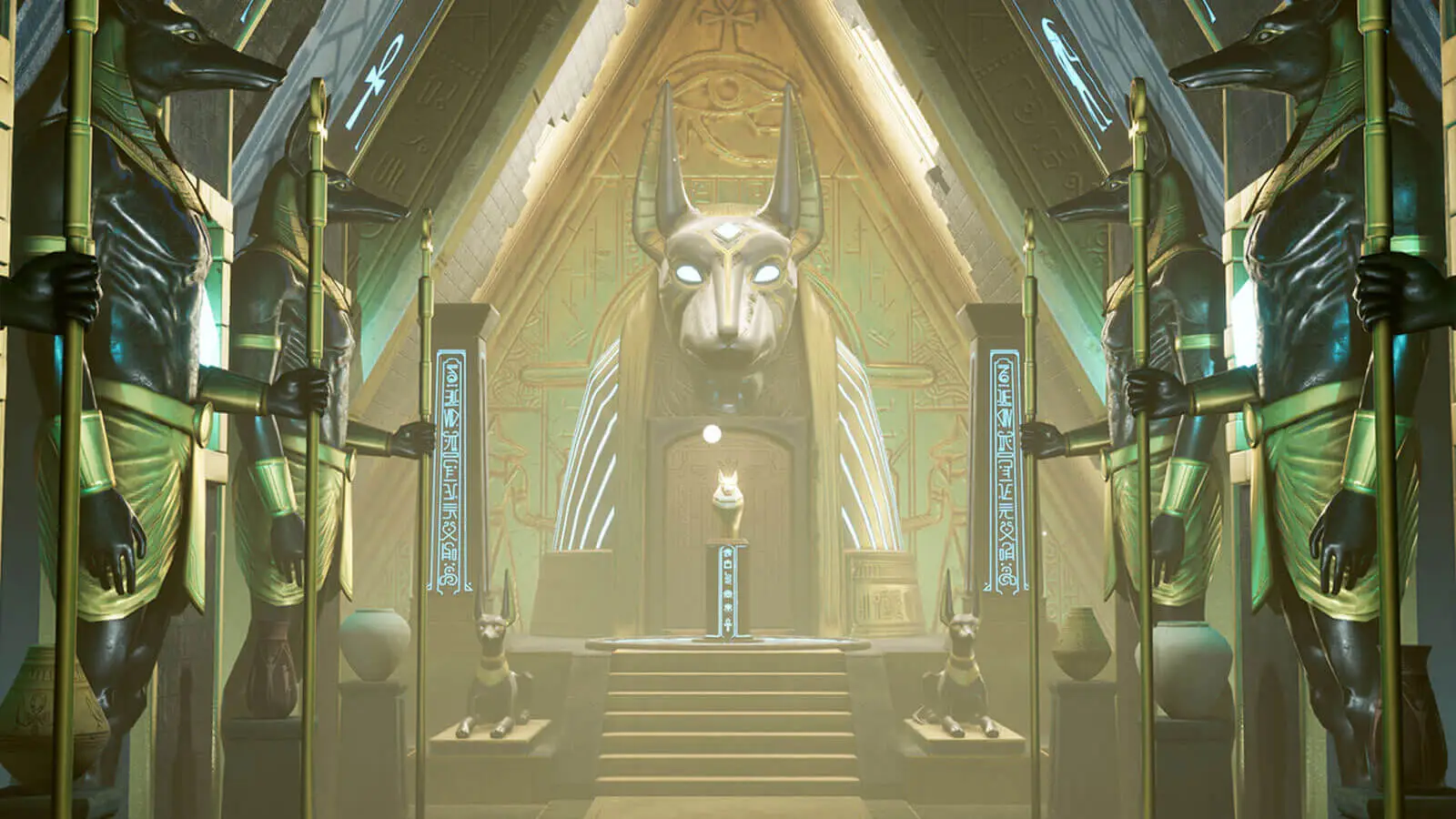 An ornate chamber adorned with Anubis statues and jackal imagery.