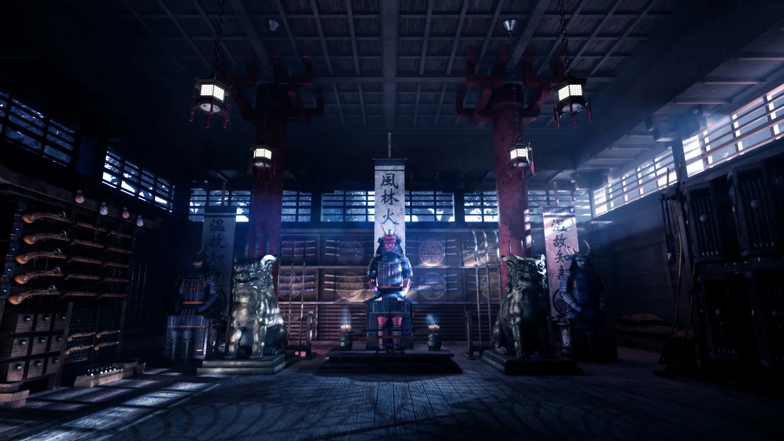 A Feudal Japanese war room filled with samurai armor and weaponry.