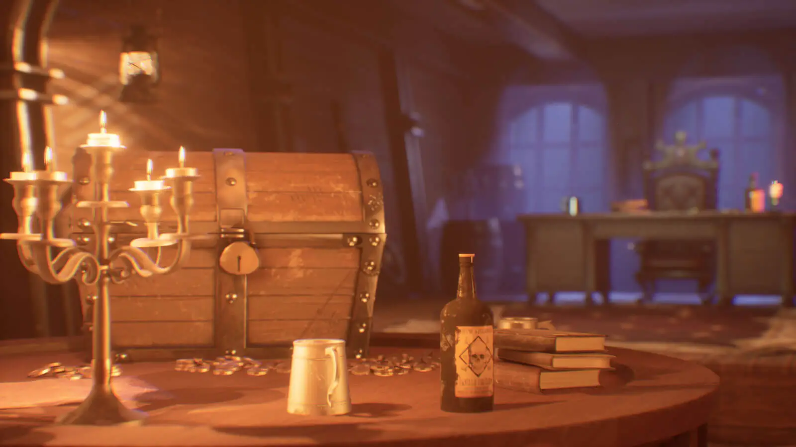 Brightly lit 3D scene of a pirates inner chambers depicting a treasure chest on a table.