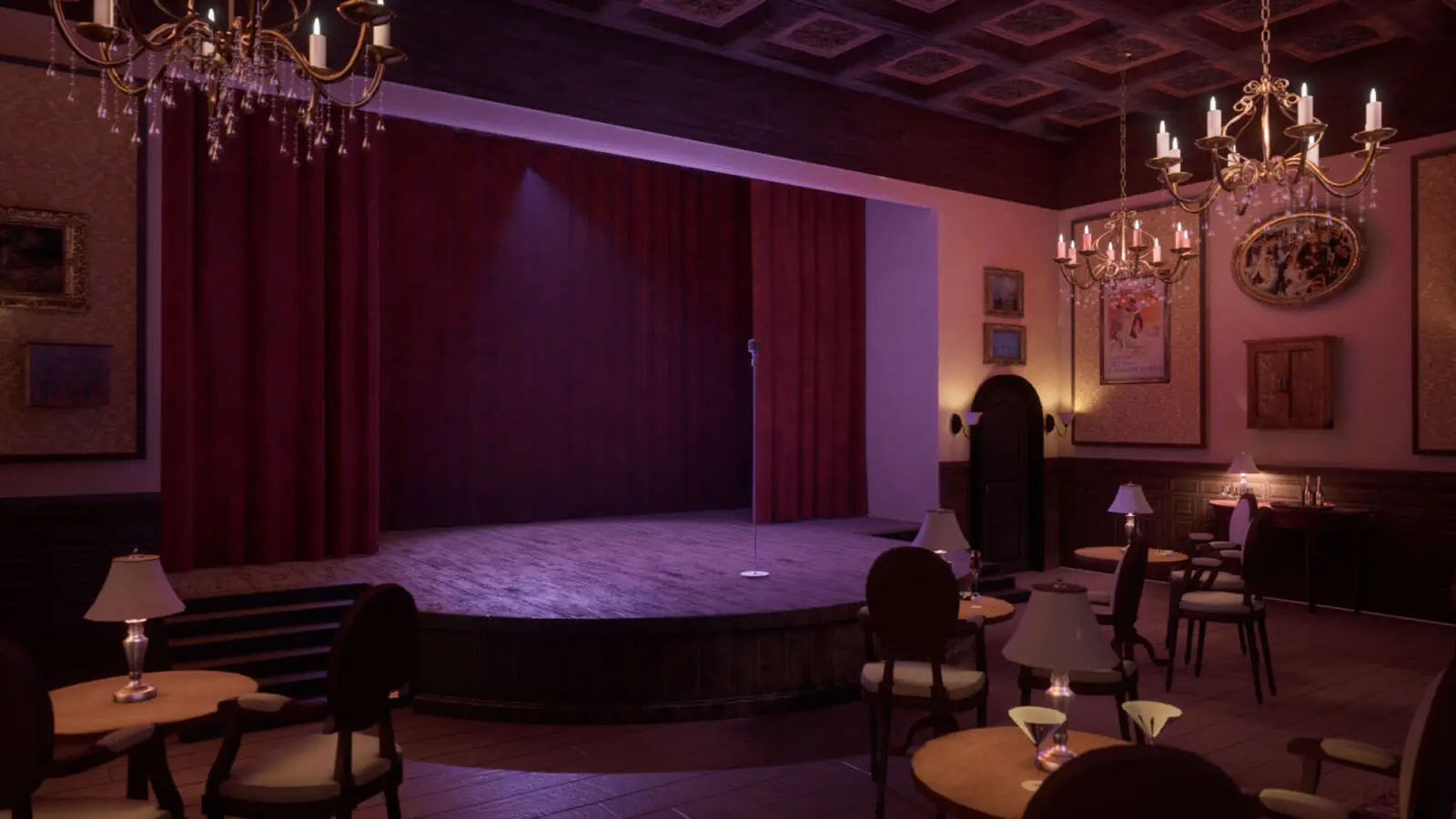 A dimly lit empty cabaret stage with empty tables surrounding it