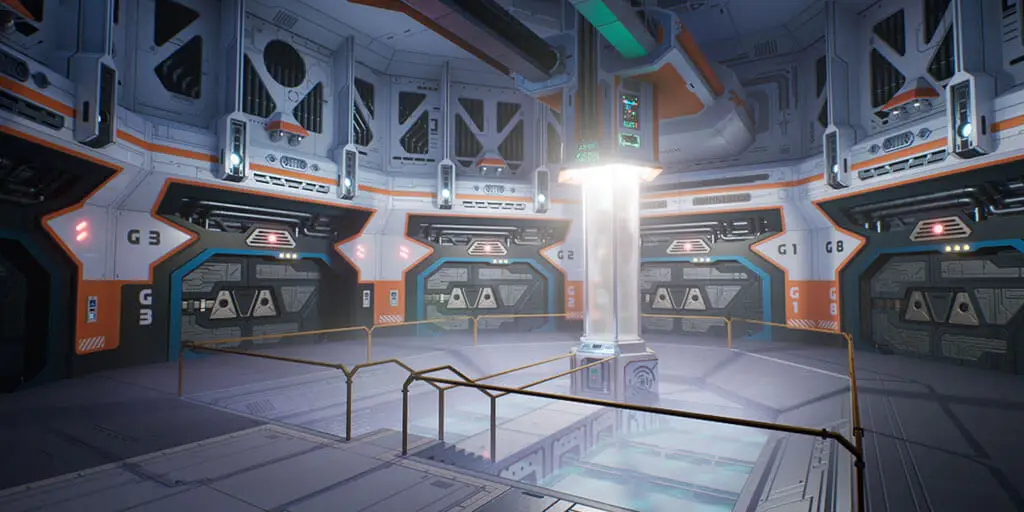 A test tube is surrounded by glowing panels and yellow railings inside a space station