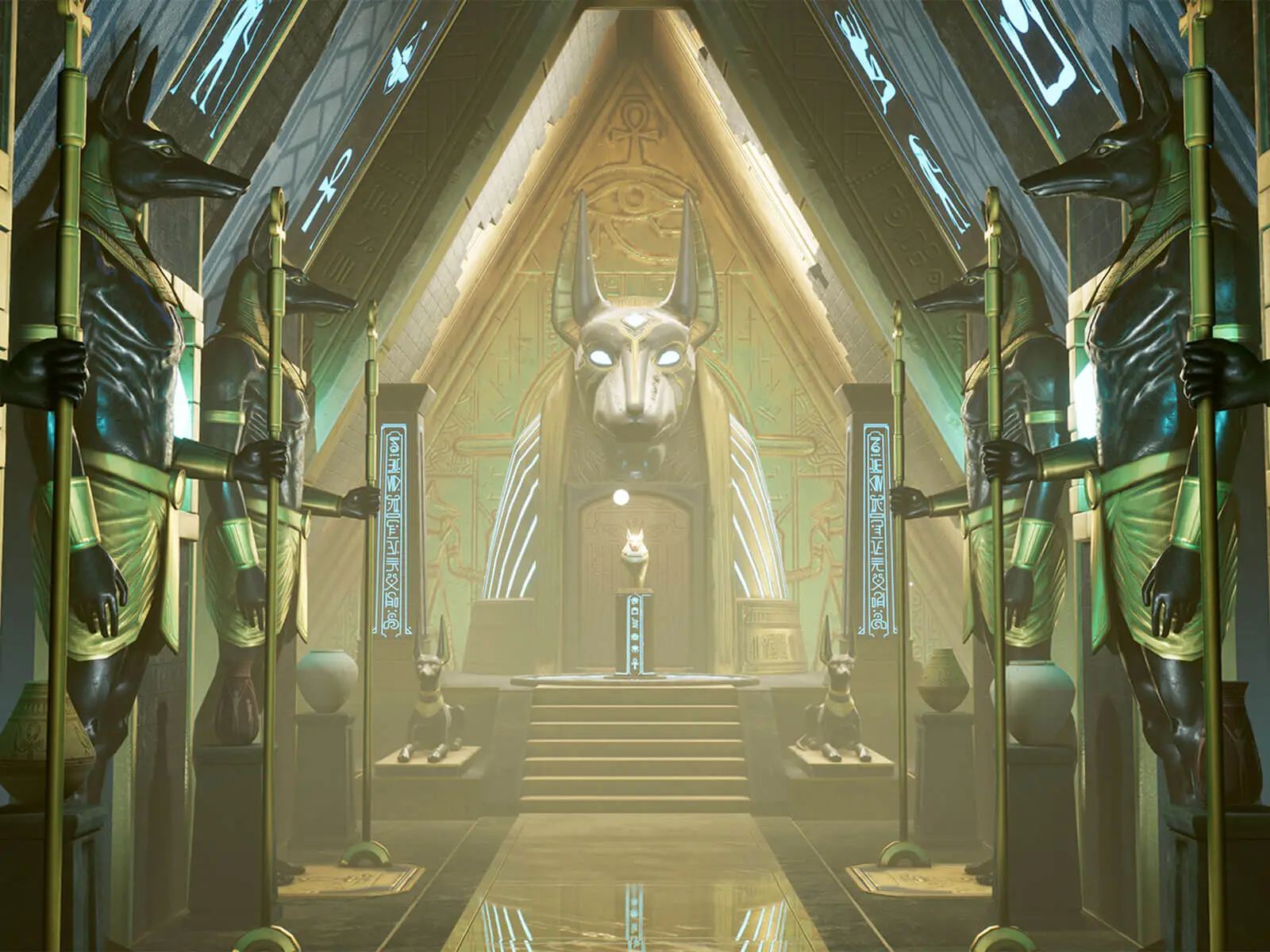 An ornate chamber adorned with Anubis statues and jackal imagery.