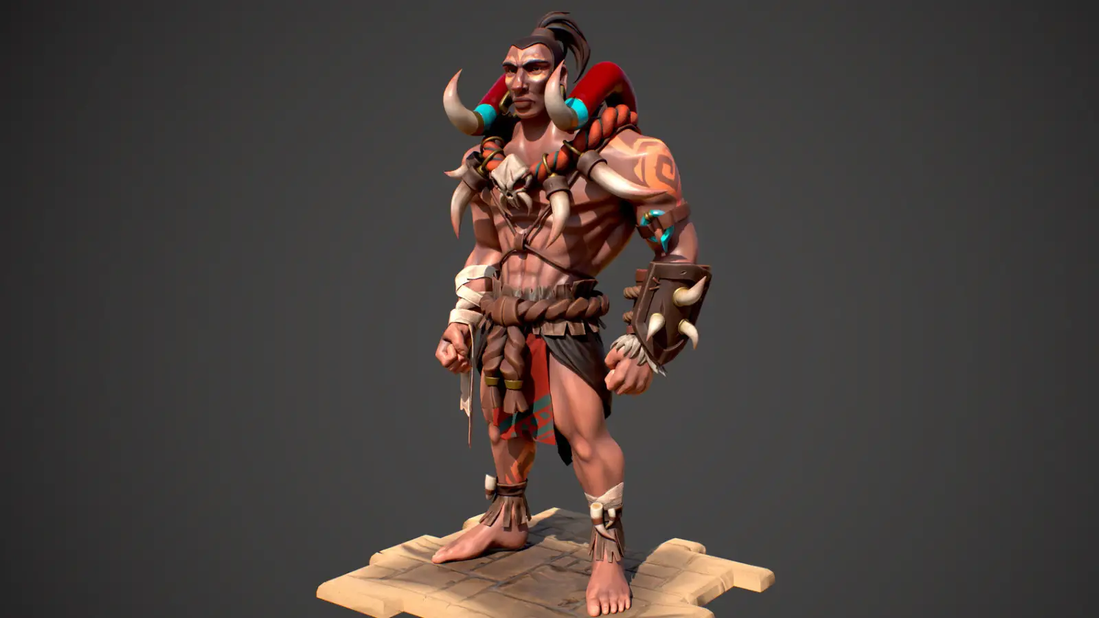 3D model of a man wearing tribal robes containing many large teeth.