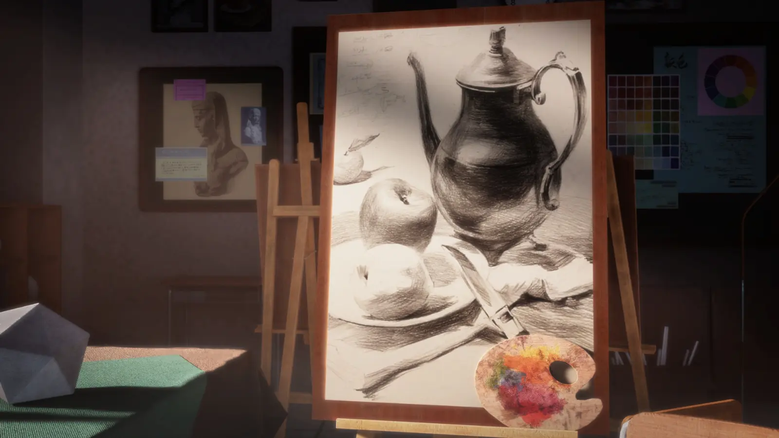 A pencil drawing of a teapot and fruit on a canvas in an empty classroom.