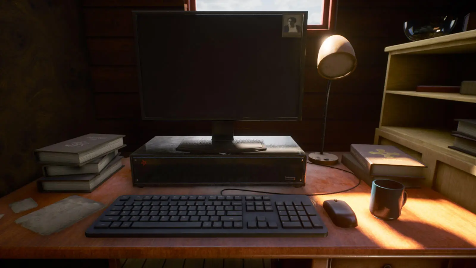 Zoomed in view of a 3D computer, keyboard, and mouse