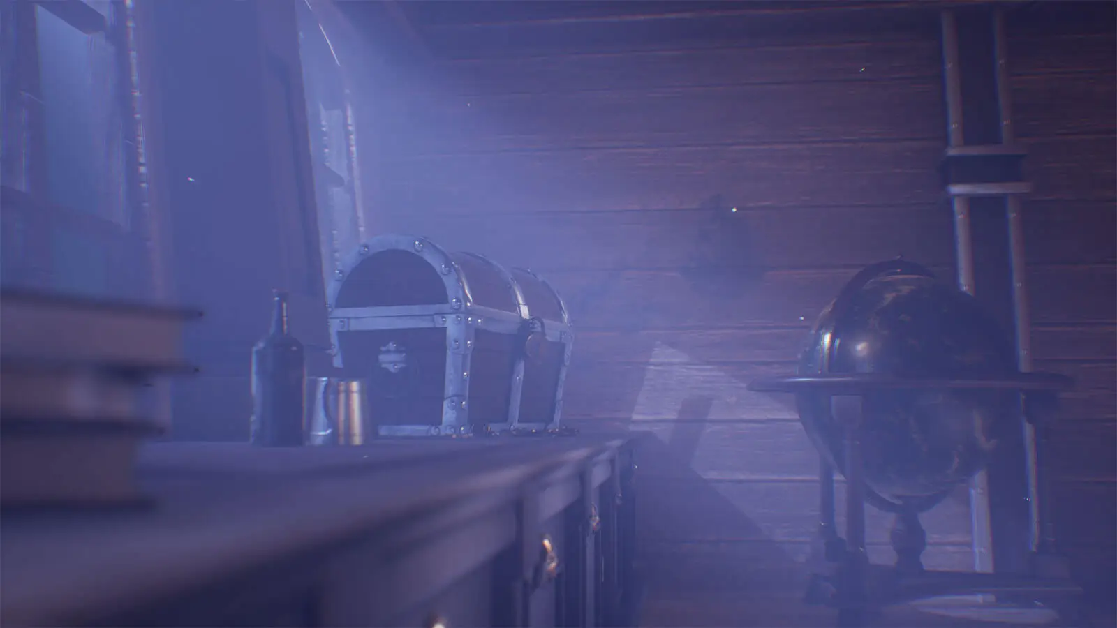 A treasure chest is illuminated by moonlight next to a window