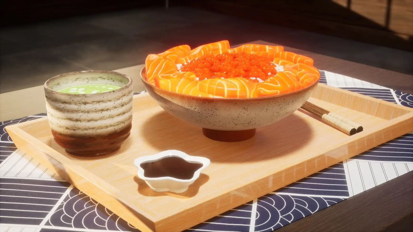 Sideways view of a meal on a tray, featuring salmon roe and sashimi