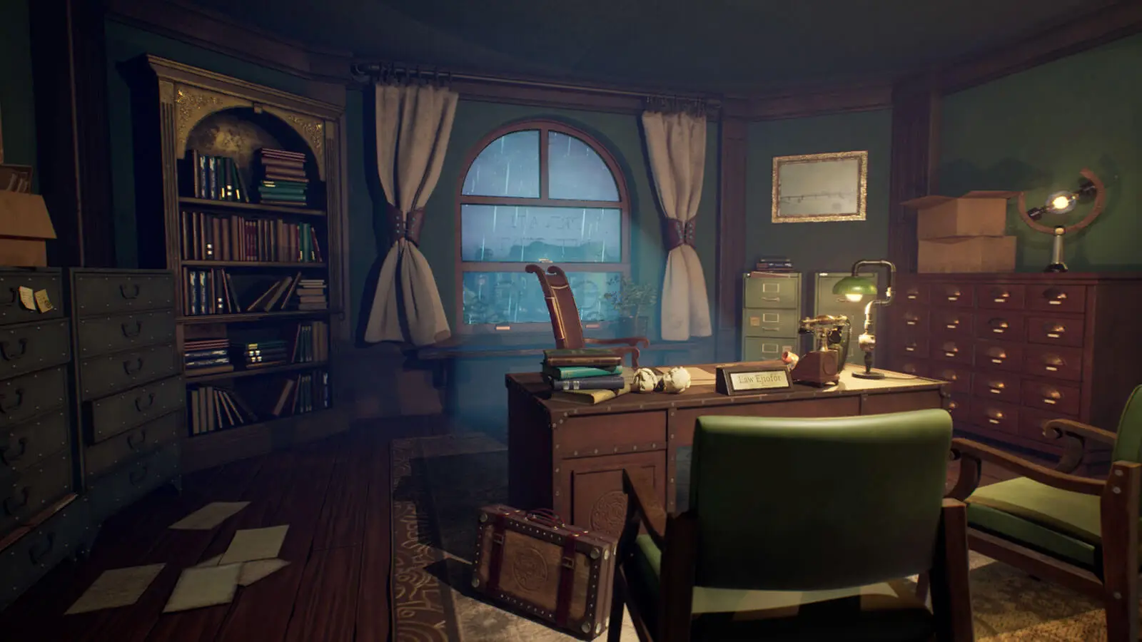 Standing view of a detective's desk with two green chair sitting in front of it