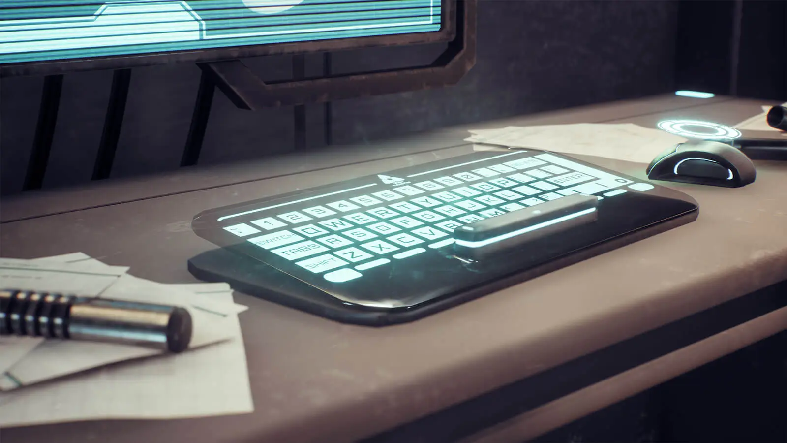 A futuristic clear keyboard with glowing blue keys sits atop a desk