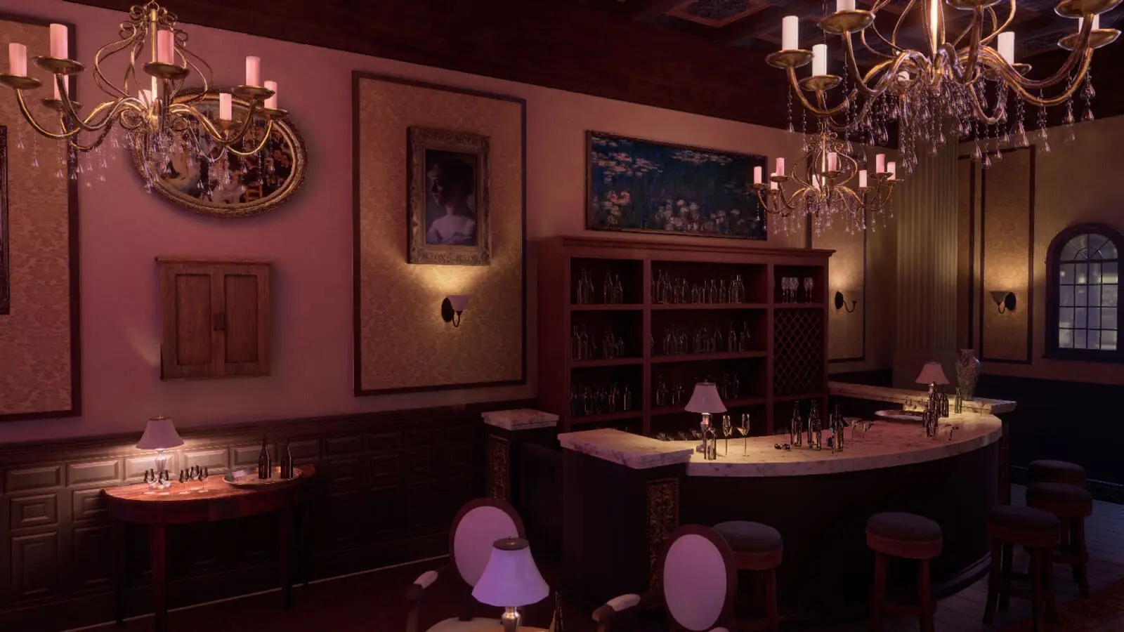 An empty bar surrounded by various paintings and chandeliers