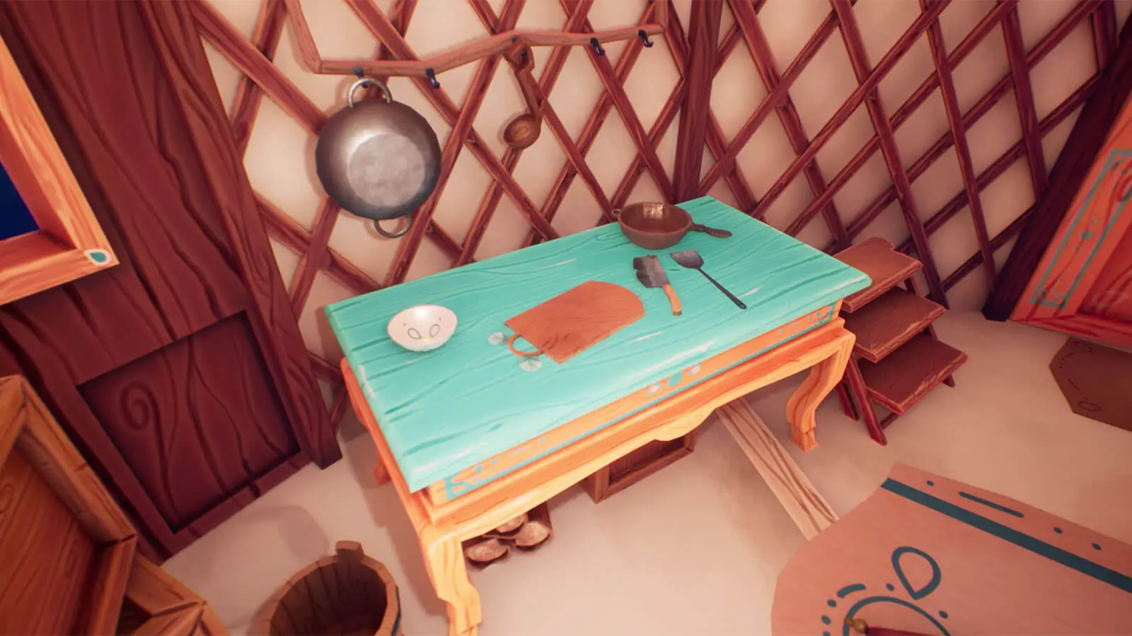 A small wooden desk with a teal top with a cutting board and small cooking utensils on it.