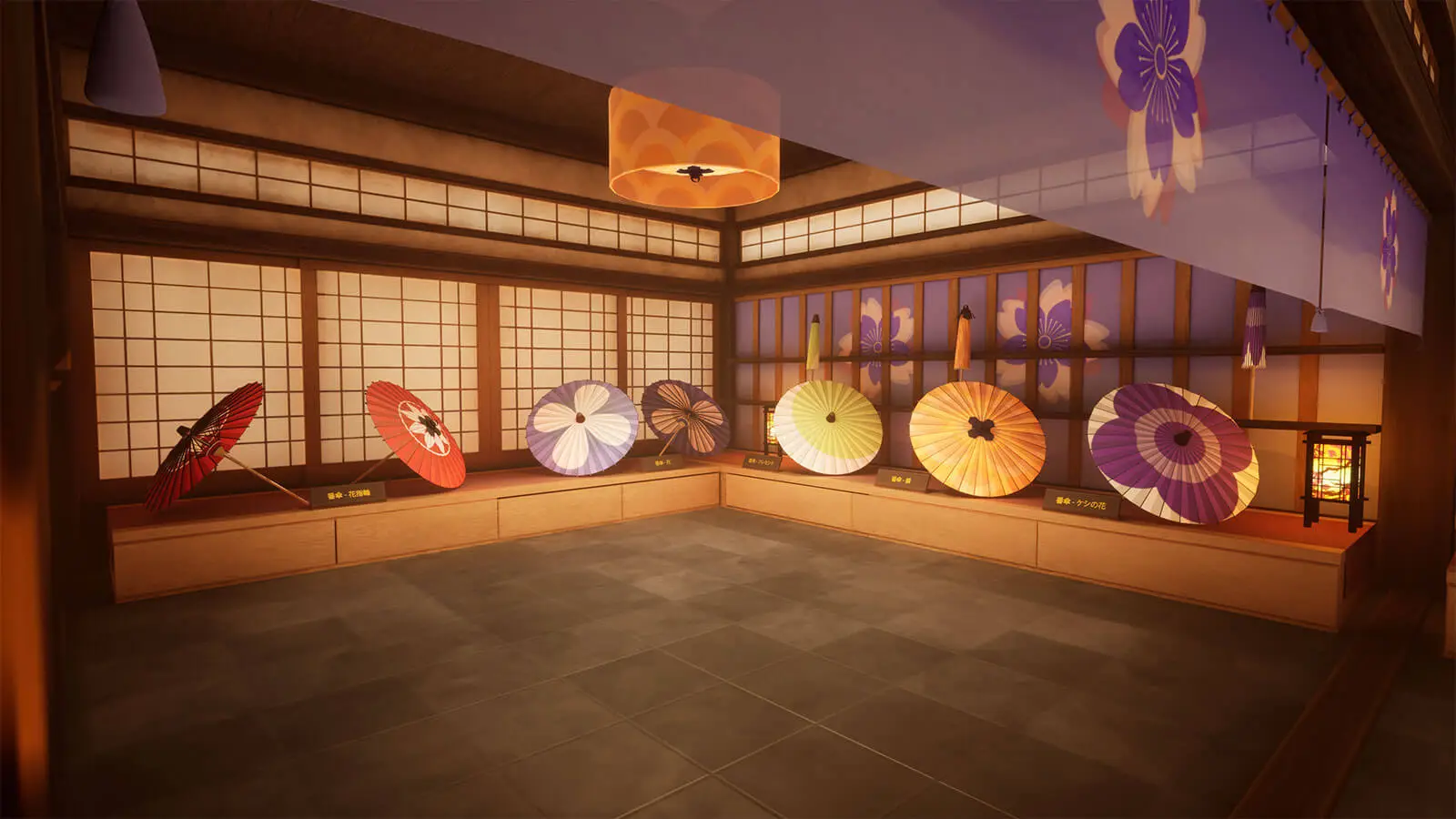 Multiple traditional Japanese umbrellas line the the perimeter of a room