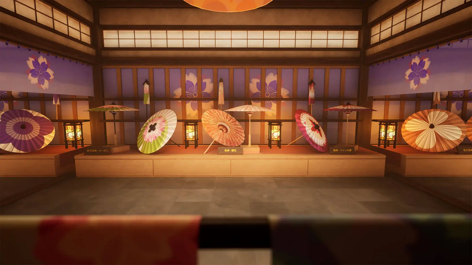 Vibrant Japanese umbrellas decorate a small stage with small lanterns in between