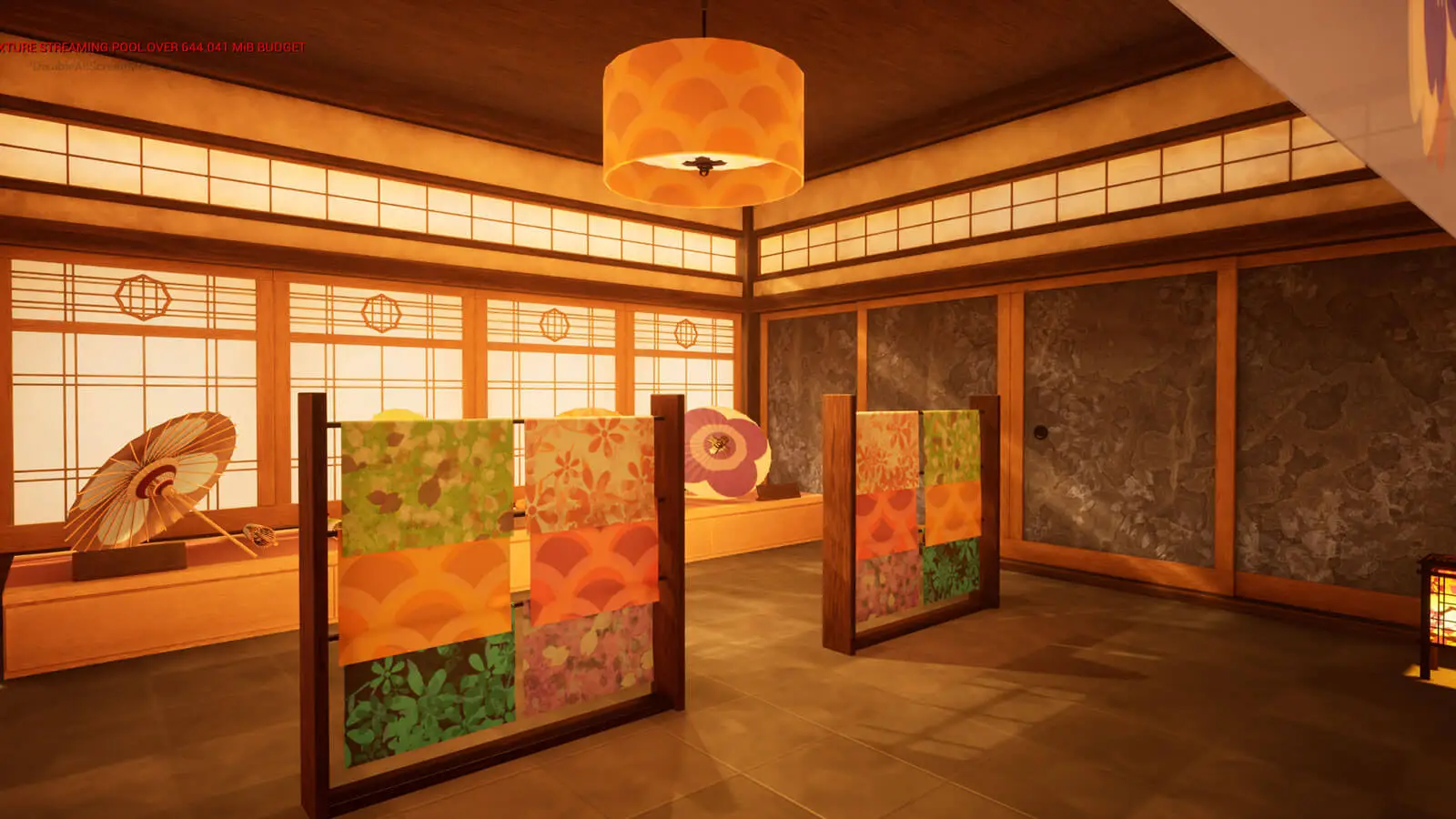 Color Japanese yukata are neatly folded over a stand with umbrellas behind them