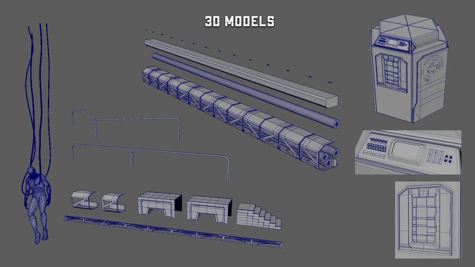 A series of textureless object models meant to be used inside the space station