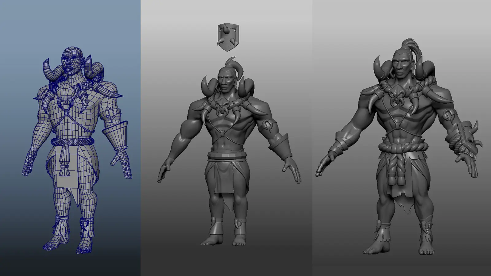 Three 3D models, one in wireframe at an early stage of development. The next two are the same except for some finer details.