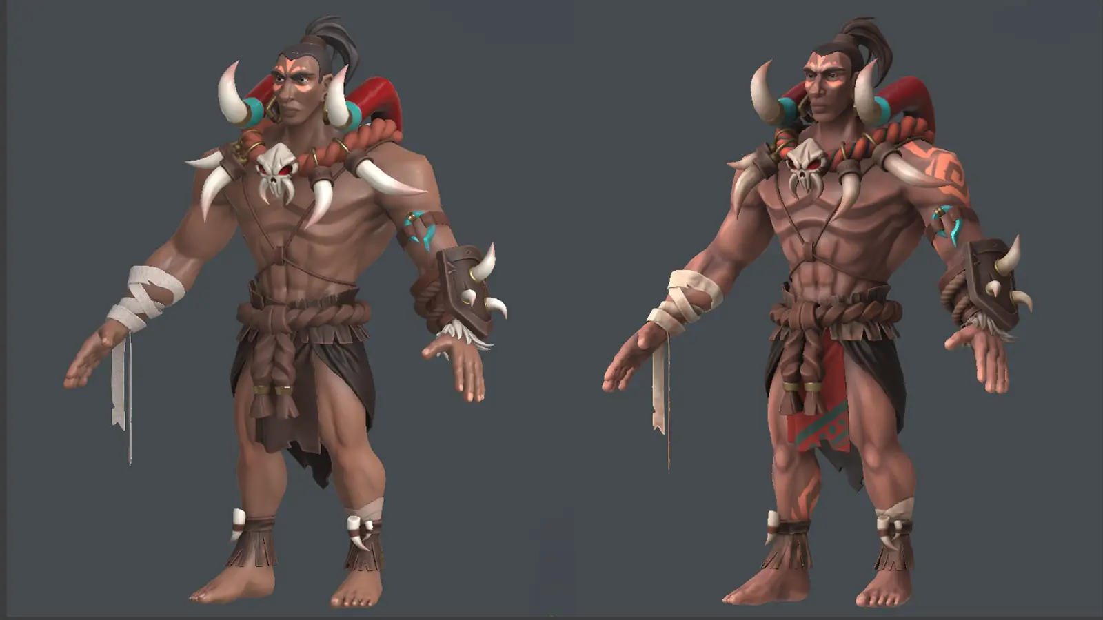 Two 3D models of a man wearing tribal robes where one has deeper shadows.