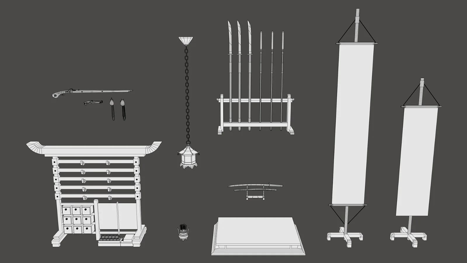 Wireframe images of several prominent props in the war room.