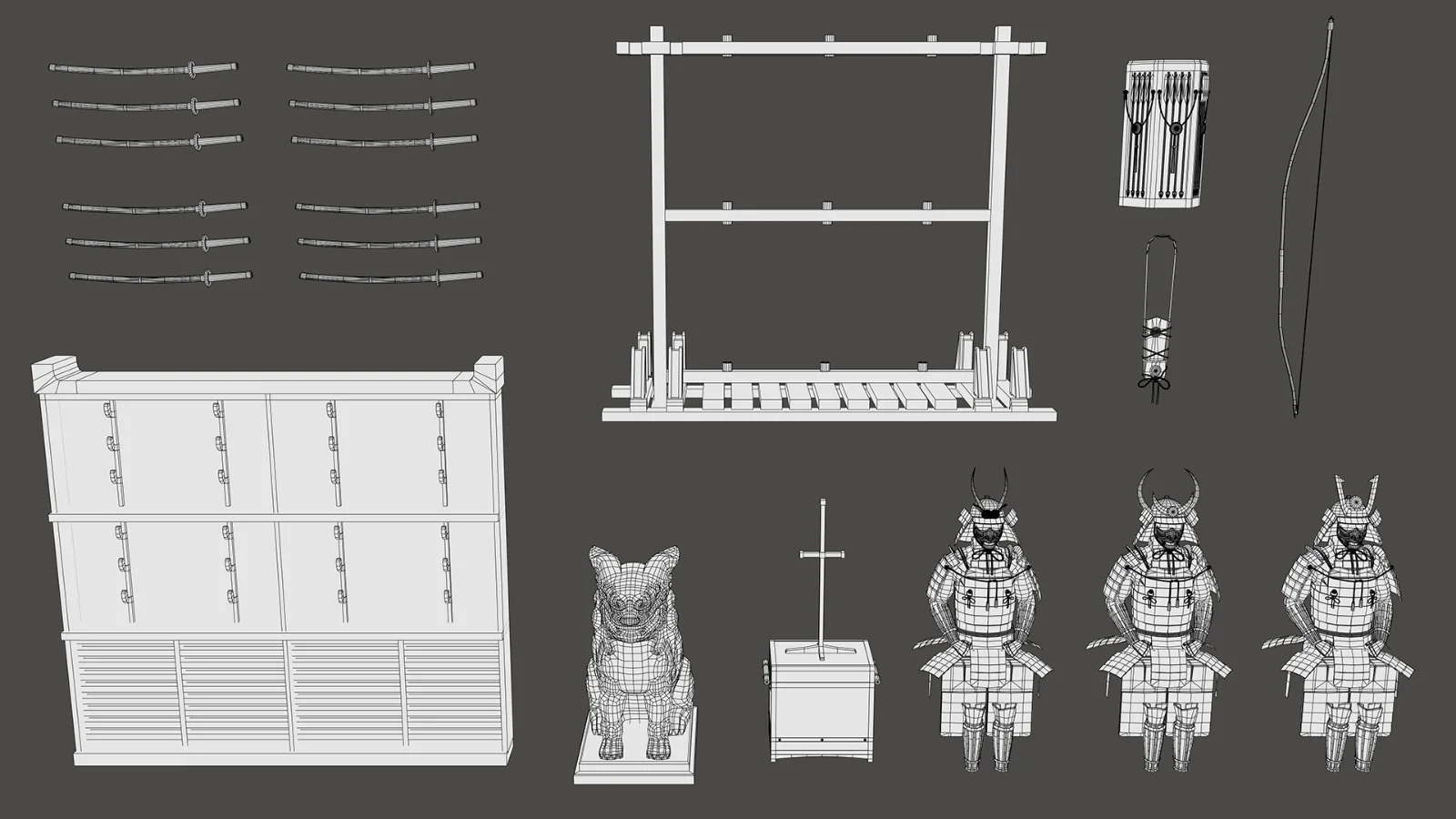 Wireframe images of several prominent props in the war room, including armor, statues, and weapons.