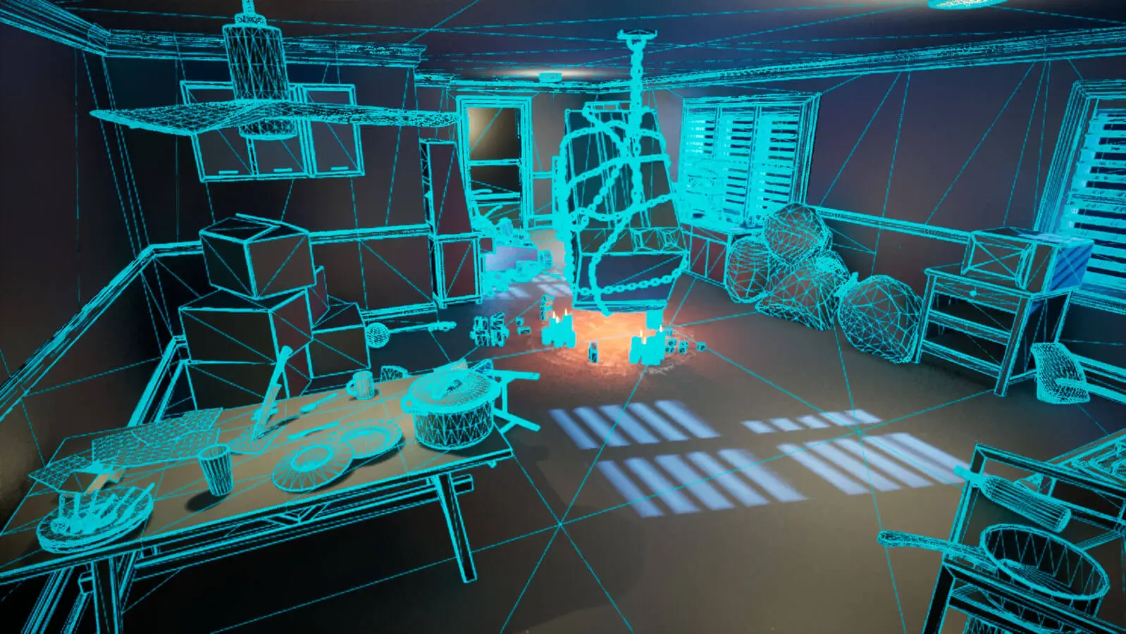 3D view of scene with all 3D objects highlighted in bright cyan