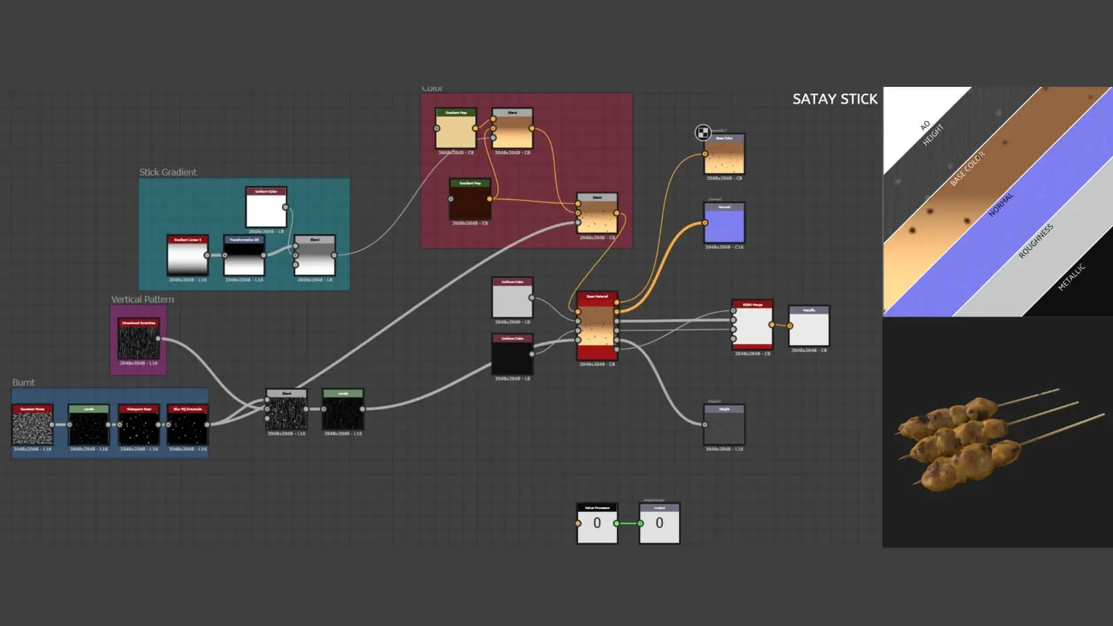 A work-in-progress of 3D rendered satays.