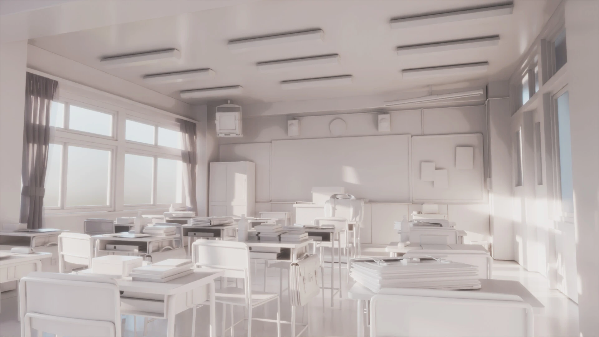 An untextured outline of an empty classroom.