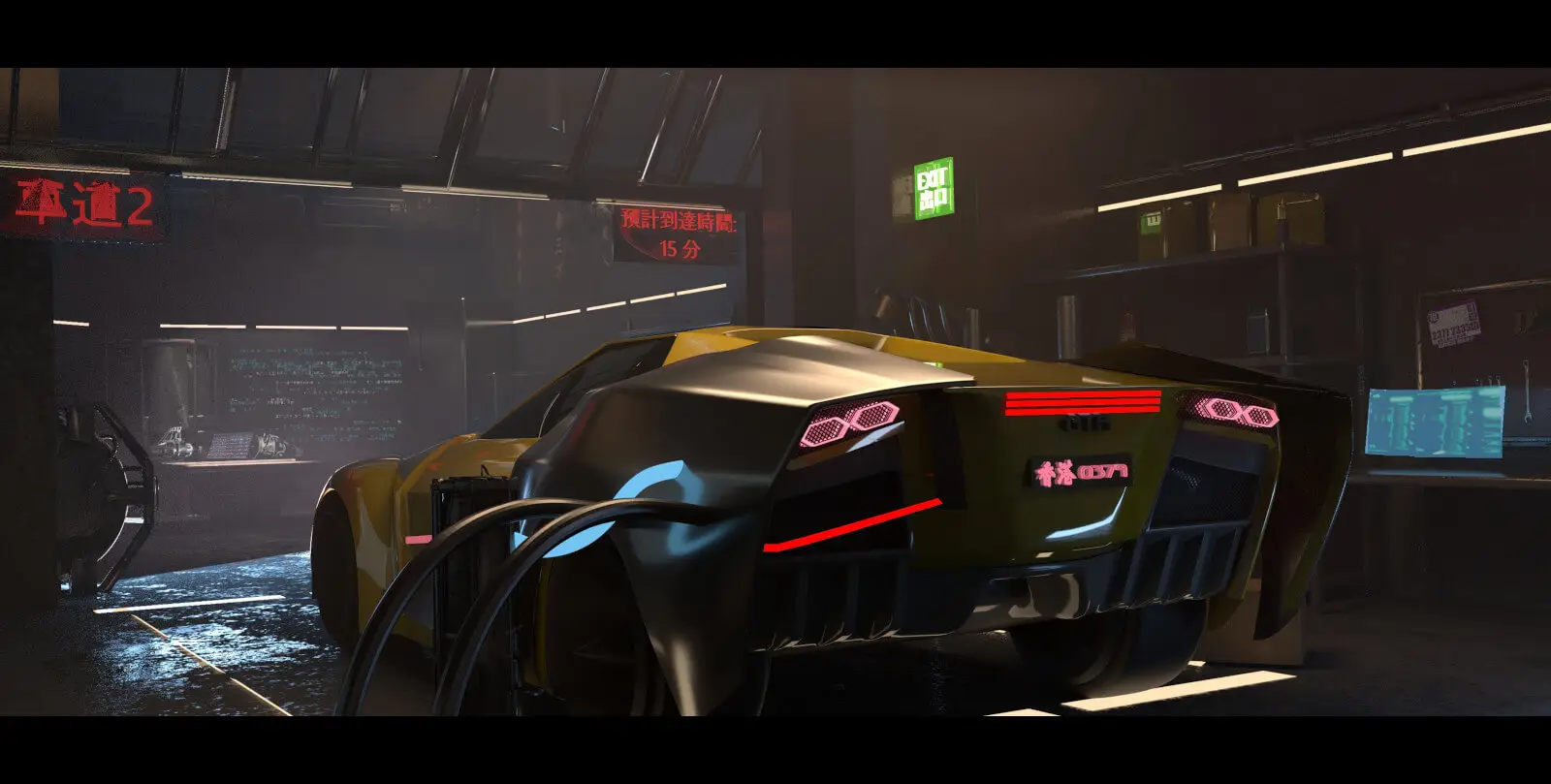 Sports car in futuristic auto garage