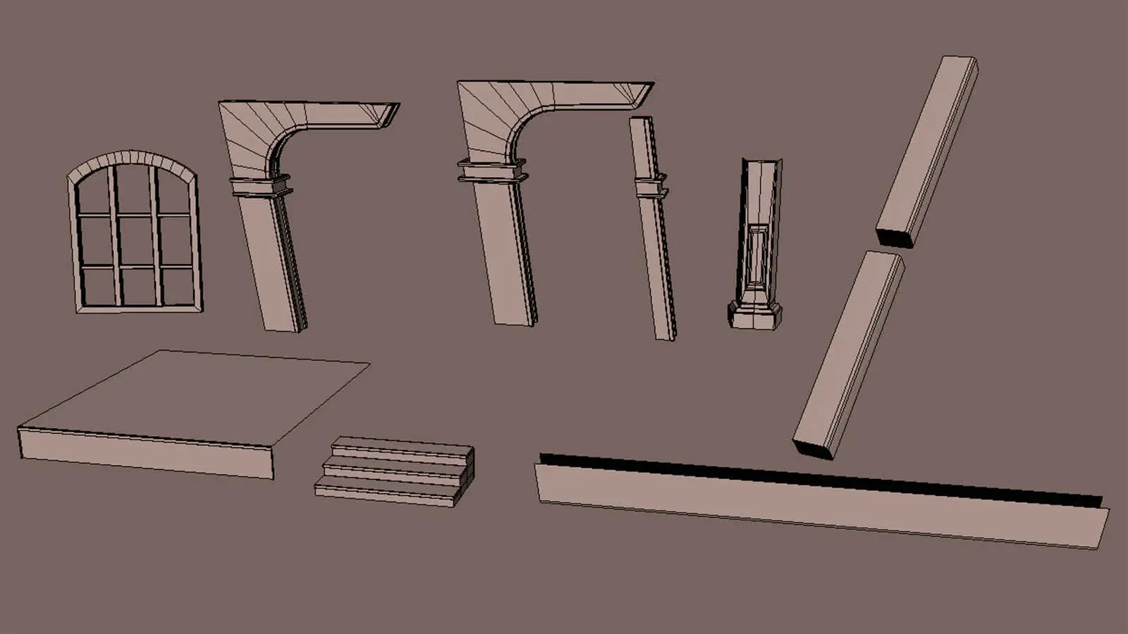 Untextured architecture 3D objects used to build the scene