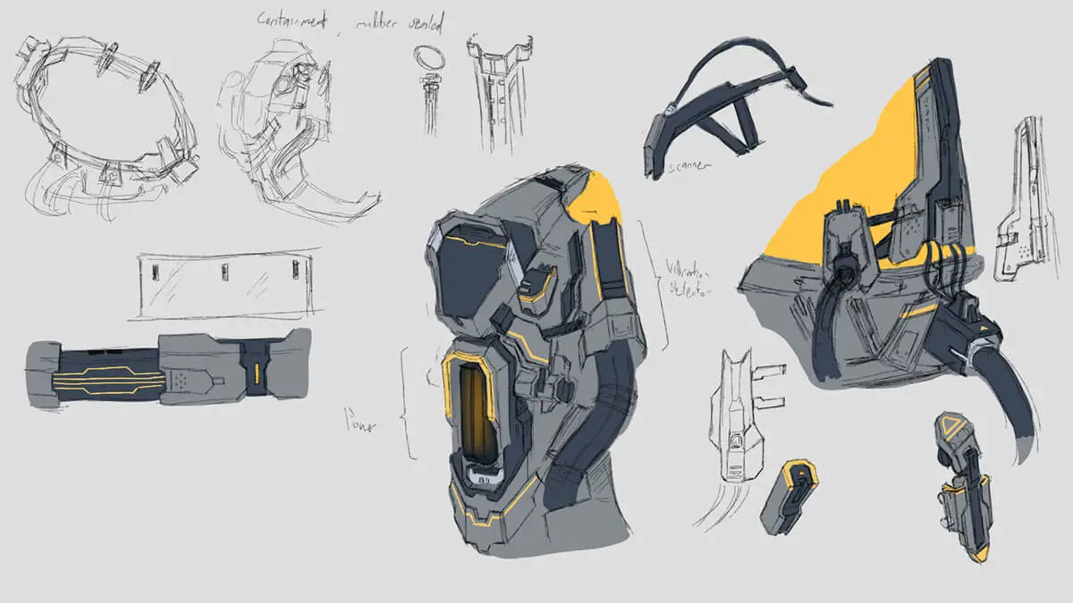 Concept sketches of futuristic laboratory containment units