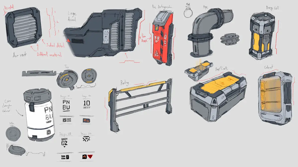 Concept sketches of futuristic laboratory set dressing