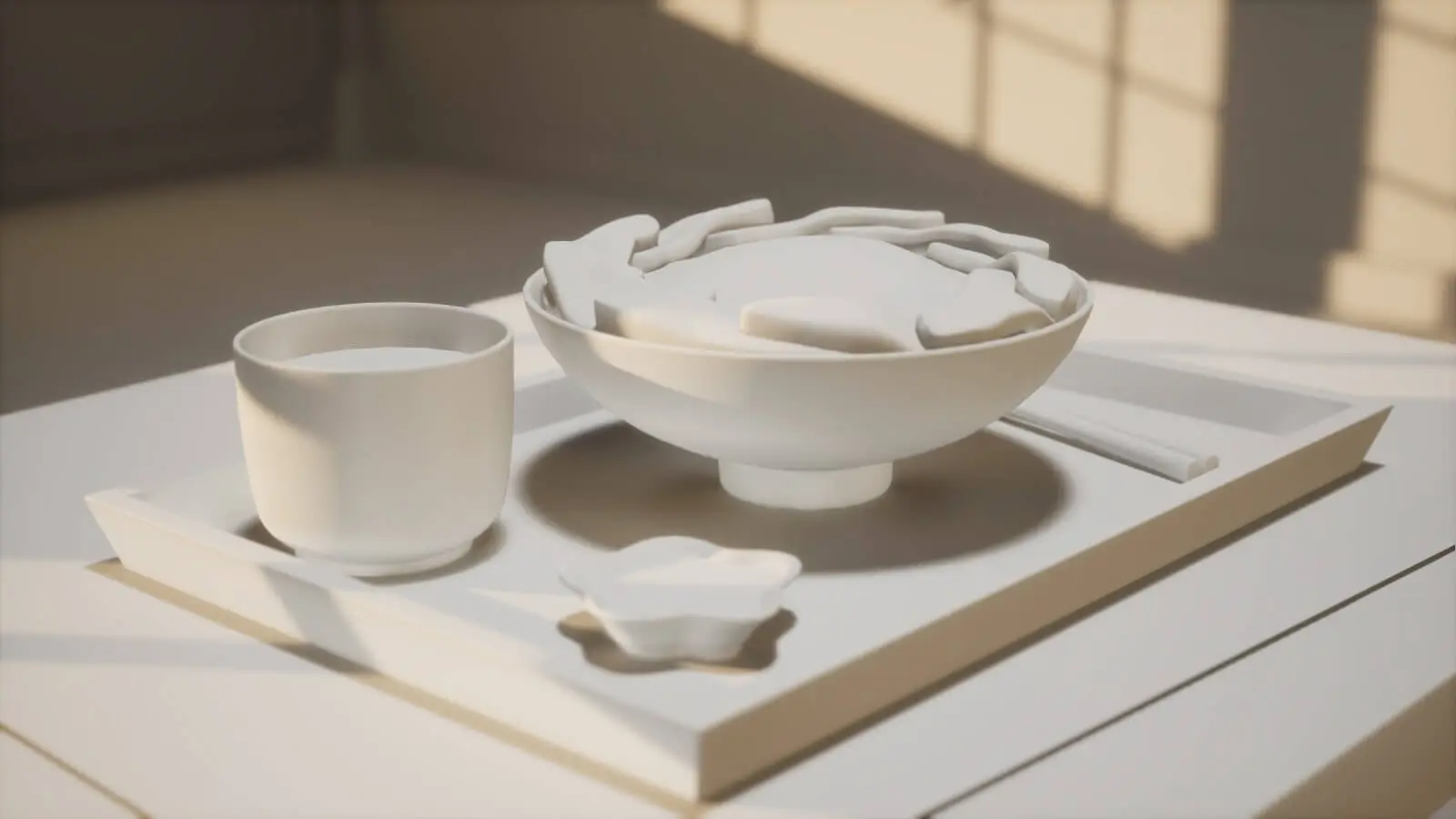 White untextured 3D models of dishes on a meal tray