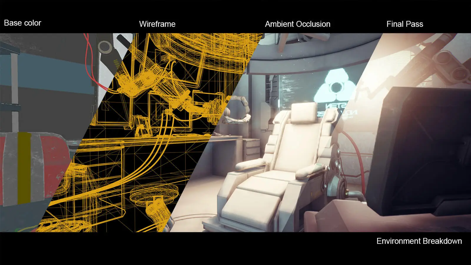 Screenshot displaying scene objects with base color, wireframes, ambient occlusion, and a final pass