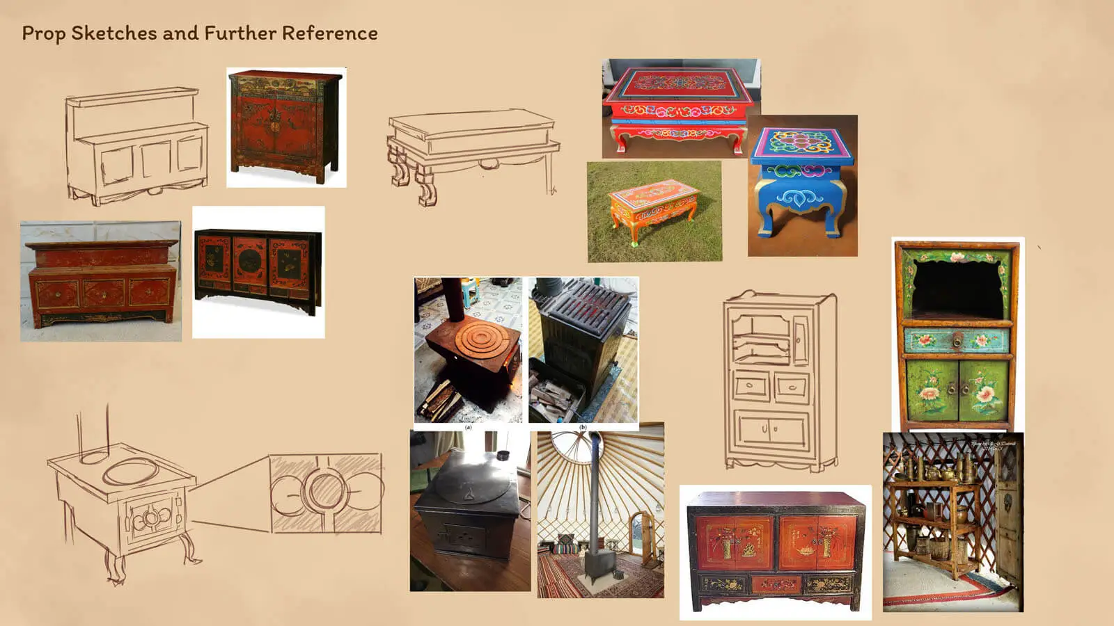 A collection of various brightly colored furniture and armoires