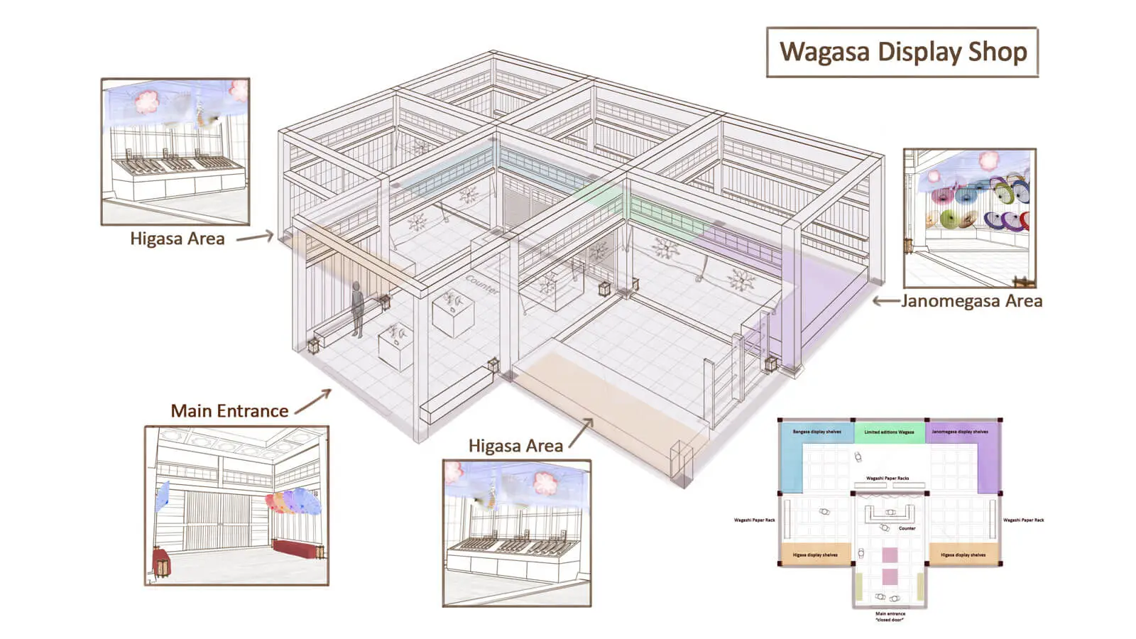 3D lineart perspective drawing of a Japanese-style room