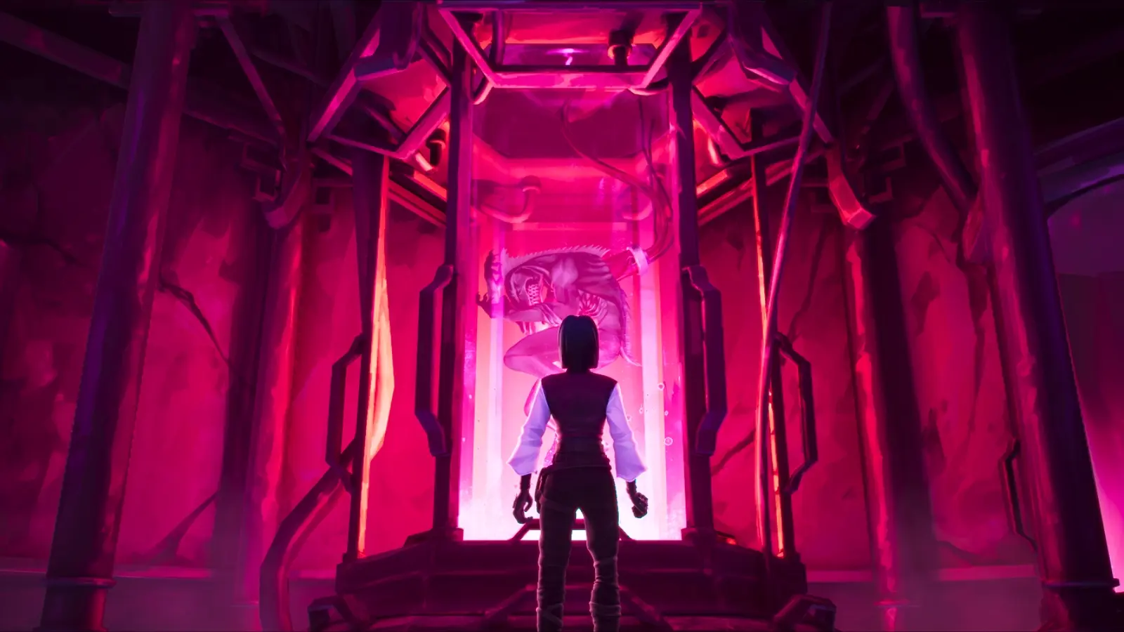 A woman standing in front of a large, glowing vat containing a spiny creature.