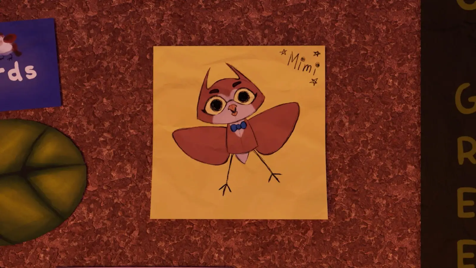 A drawn picture of an owl on a sticky note.