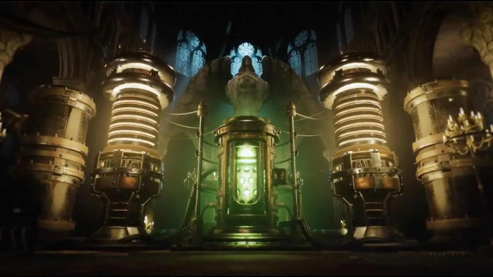 A cathedral that contains two large tesla coils with a capsule between them.