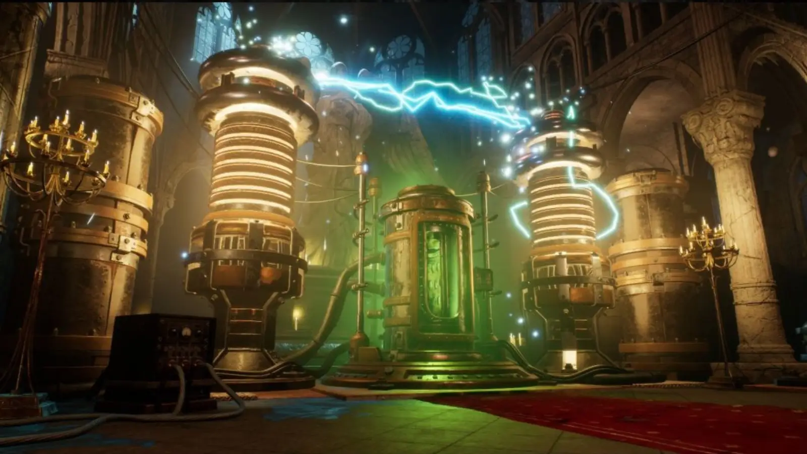 A cathedral that contains two large tesla coils connected by a band of electricity.