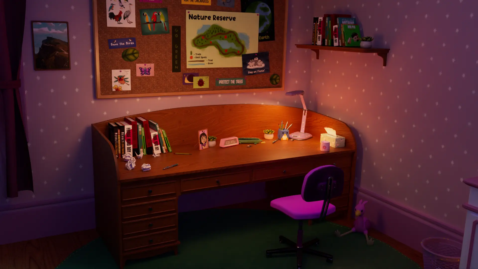 A desk in a child's room illuminated by a desk lamp.