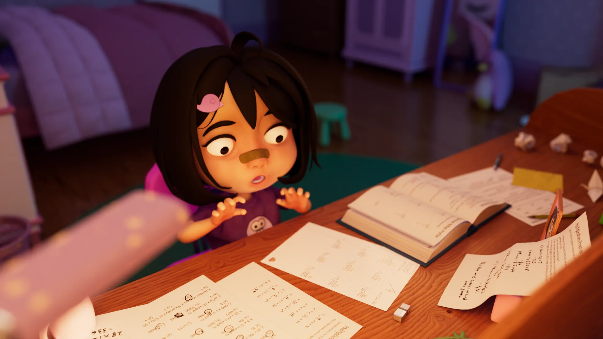 A young girl stares in shock at a homework paper that has been magically completed.