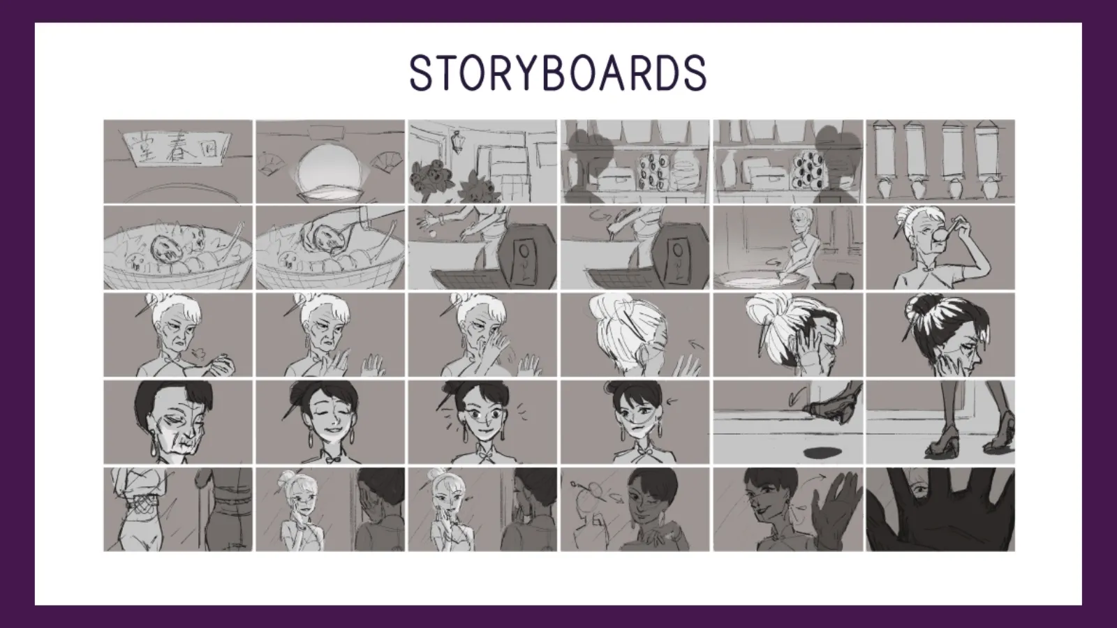 A storyboard showing a person using liquid to de-age themselves.