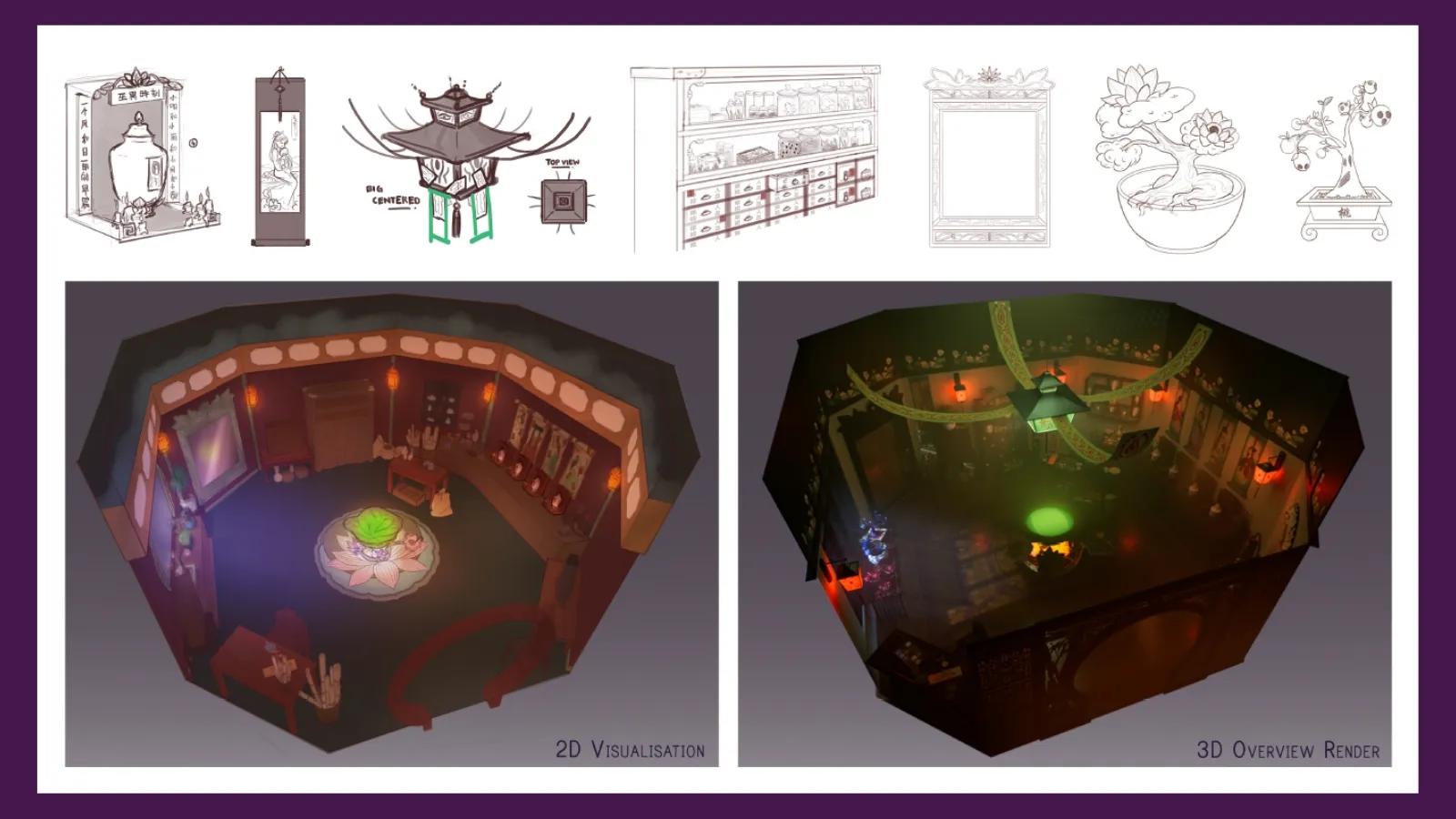 A 2D and 3D diorama of a room along with concepts of different decor.