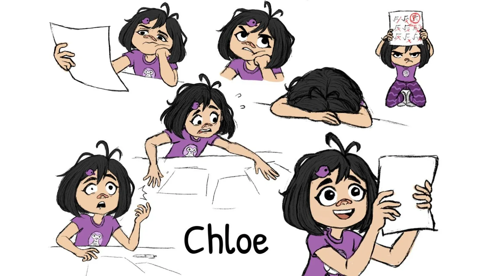 Sketches of a young girl in a purple shirt.