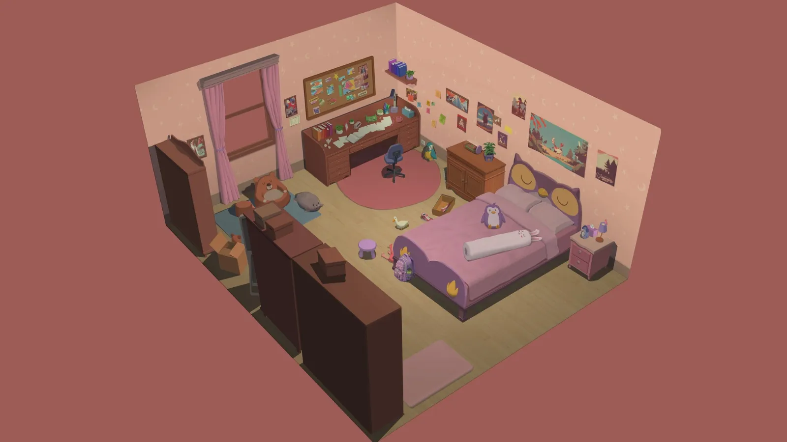 An overhead drawing of a young girl's room.